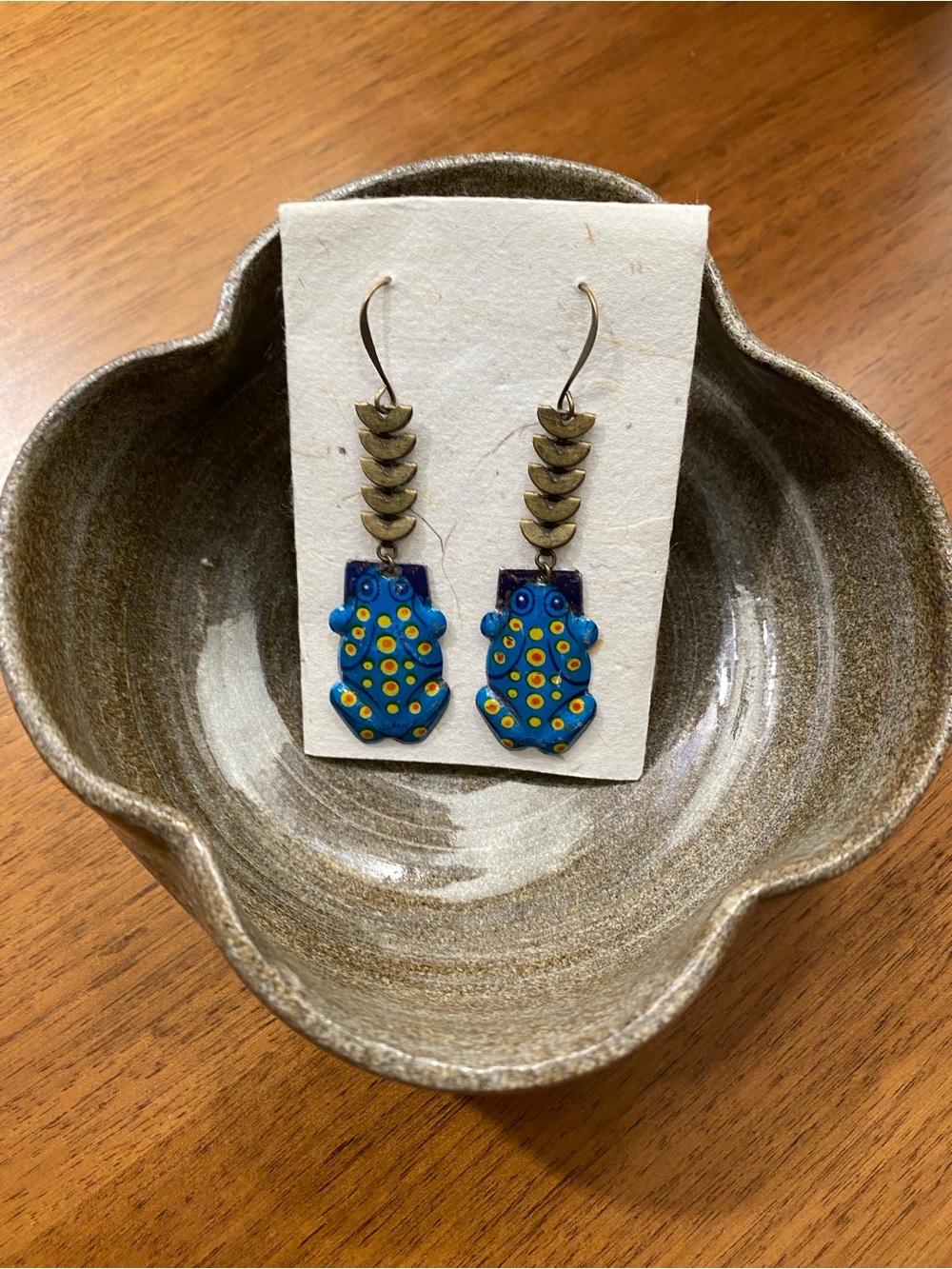 Vintage Japan Tin Litho Blue Frog Dangle Earrings Repurposed Wearable Art